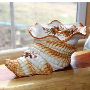 Vtg. Bassano Porcelain Cornucopia Planter Trinket Dish Golden Brown Orange Italy